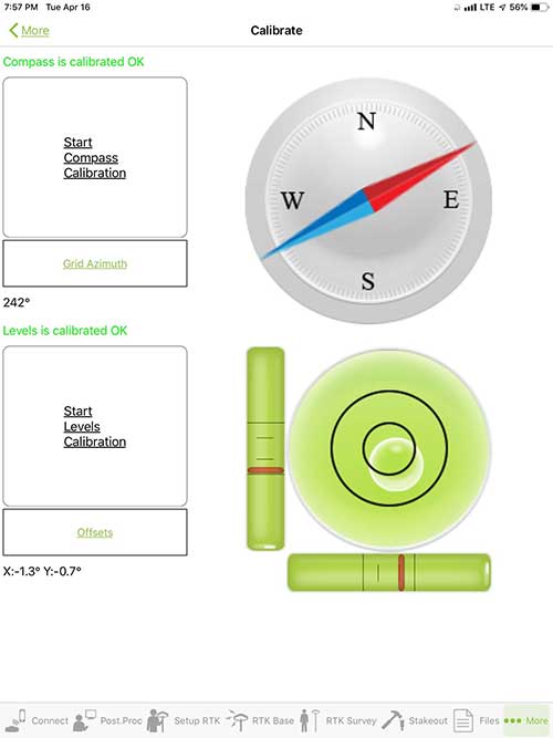 Receiver Setup. Visual reference for leveling and direction of GNSS receiver. (Screenshot: Tim Burch)