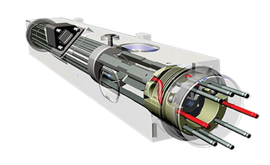 Drawing of the DSAC mercury-ion trap showing the traps and the titanium vacuum tube that confine the ions. The quadrupole trap is where the hyper-fine transition is optically measured and the multipole trap is where the ions are “interrogated” by a microwave signal via a waveguide from the quartz oscillator. (Image: NASA.)