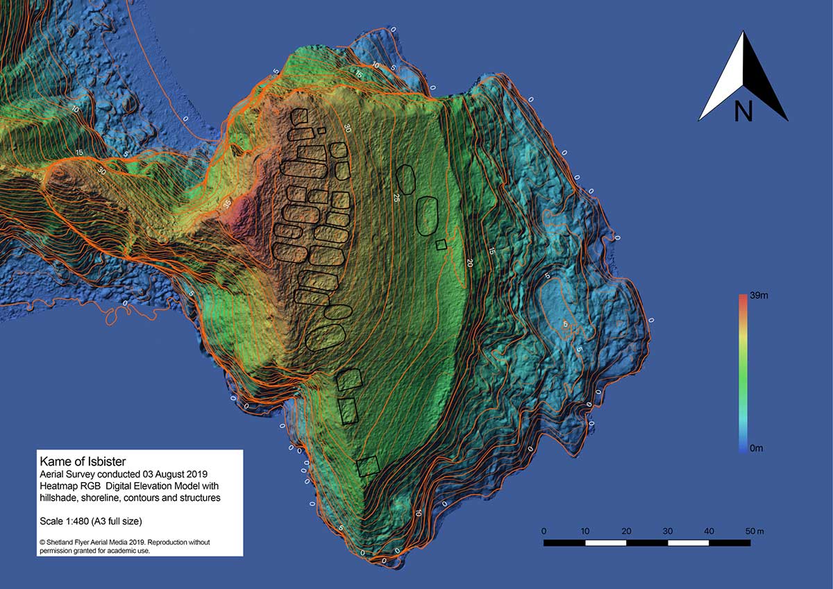 3D model: The heatmap of the Kame of Isbister shows elevations and the archaeological site. (Image: Emlid)