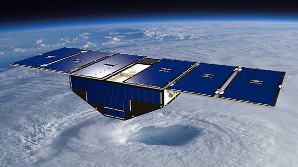 Artist's concept of one of the eight CYGNSS satellites in orbit. (Image: NASA/University of Michigan)