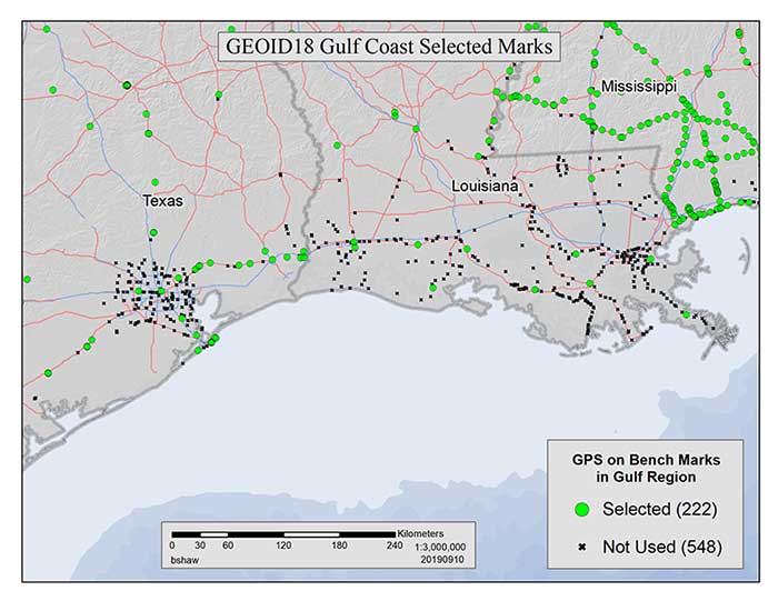 There are areas of complex vertical crustal motion in the Texas/Louisiana Gulf Coast region of the United States which render many control station elevations in the region invalid. The selection of GPS on Bench Marks in this region was limited to the small number of marks where the leveling and GPS data agreed to minimize the influence of crustal motion in the hybrid geoid model. Figure 1 depicts the selection of stations used in the hybrid geoid model along the Texas/Louisiana Gulf Coast. (Image: National Geodetic Survey)