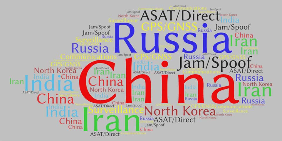 This word cloud from CSIS Space Threat Assessment 2020 shows that China received by far the most mentions, followed by Russia. (Image: RNT Foundation)
