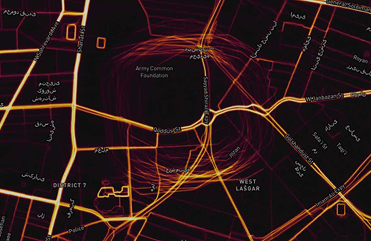 This heat map shows GPS spoofing at a government complex in Tehran,which houses the Ministry of Defense, Communication Regulatory Authority, Telecommunications Infrastructure Company, and Ministry of Telecommunications and Technology. (Screenshot: Dana Goward)