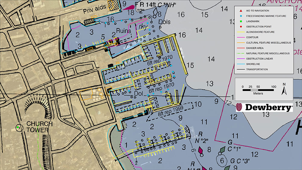 Existing NOAA nautical chart of Nantucket Harbor, Mass., overlaid with revised shoreline features collected by Dewberry. Image courtesy of Dewberry. (Image: Dewberry/NOAA)