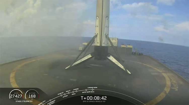 SpaceX live feed show Stage 1 returning to landing pad at sea. (Screenshot: Space X)