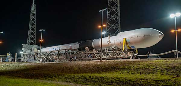 GPS III SV 03 rolls to Cape Canaveral’s Space Launch Complex-40 launch pad in preparation for its June 30 launch aboard a Falcon 9. (Photo courtesy of SpaceX via USAF)