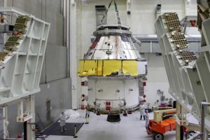 First Orion Spacecraft: In this March 30 photo, Orion I is moved to the Final Assembly and Systems Test cell at Kennedy Space Center. The spacecraft returned from Ohio after a successful series of environmental tests at Glenn Research Center’s Plum Brook Station. (Photo: NASA)