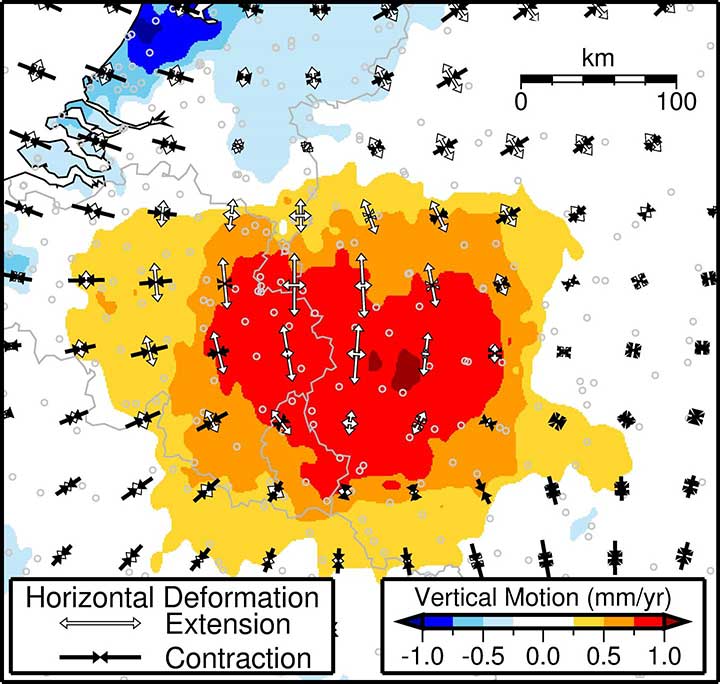 GPS observations of ground movement under the Eifel area. Colors represent contoured vertical motion inferred from GPS station data, and white and black arrows indicate the direction in which the crust is horizontally stretching or compressing, respectively. The highest upward motion of ~1 mm per year is found near the Eifel volcanic field. (Image: Study authors)