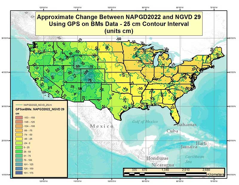 Figure 2 – Approximate Change Between NAPGD2022 and NGVD 29 Using GPS on BMs Data (units = cm). (Image: National Geodetic Survey)