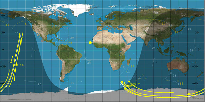 DoT-1 sub-satellite track (white) and GPS reflection tracks (yellow) collected during 40 minute data operation. (Image: SSTL)