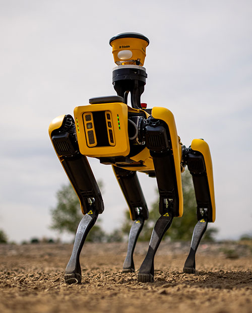 Spot, the robotic dog from Boston Dynamics, is equipped with the Trimble SPS986 smart antenna to collect data. (Photo: Trimble)