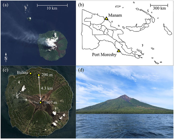 Manam volcano is located on the Northern coast of mainland Papua New Guinea. (Copyright © 2020 Wood K, et. al. BVLOS UAS Operations in Highly-Turbulent Volcanic Plumes. Frontiers in Robotics and AI. doi: https://doi.org/10.3389/frobt.2020.549716)