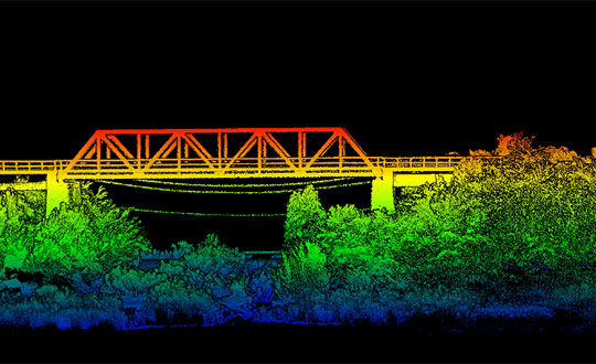 Side view point cloud of bridge. Data collected using and OxTS xNAV650 INS and Velodyne VLP-16 lidar. Data processed using OxTS Georeferencer. (Image: OxTS)