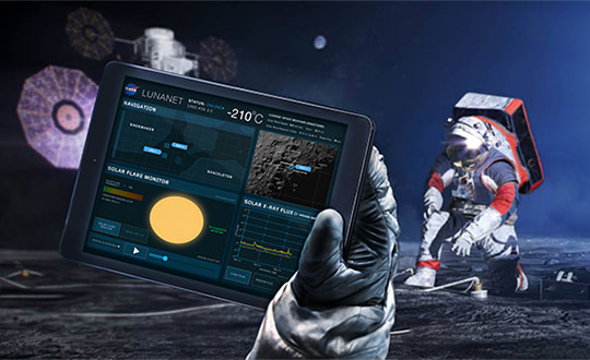 Artist's conceptualization of Artemis astronauts using LunaNet services on the Moon. a unique approach to lunar communications and navigation. The LunaNet communications and navigation architecture will enable the precision navigation required for crewed missions to the Moon and place our astronauts closer to scientifically significant lunar sites, enhancing the our missions’ scientific output. (Image: NASA/Resse Patillo)