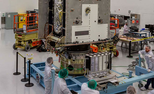 GPS III SV05, now in Florida, is shown fully integrated at Lockheed Martin's production facility in Colorado. (Photo: Lockheed Martin)