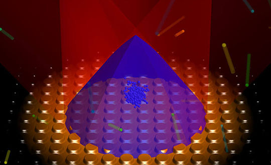 At Strathclyde, cold atom clock experiments are aided by expertise in grating magneto-optical traps (gMOTs), illustrated here. (Image: Aidan Arnold, University of Strathclyde)