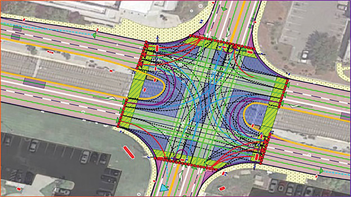 An MD map of a California intersection showing road features — including control attributes — placed with zonal accuracy. (Image: Carmera)