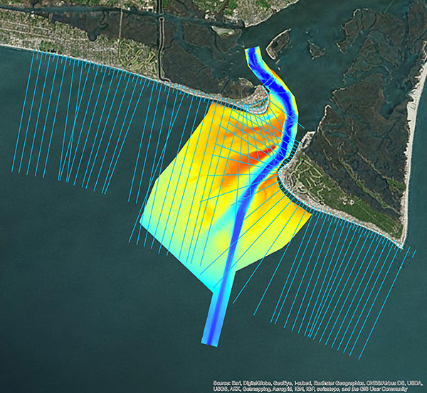 Multi-beam bathymetry and topo/bathy beach profiles of the Cape Fear River Inlet (USACE Wilmington). (Image: NV5 Geospatial)