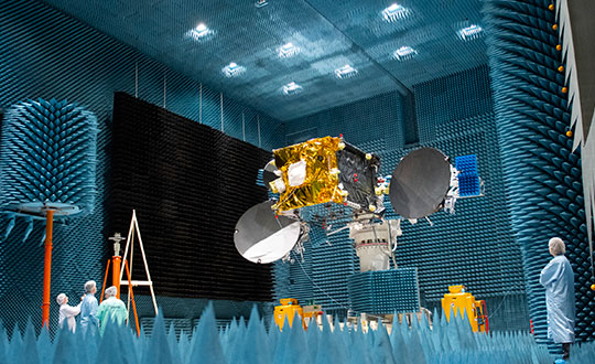 The second satellite in the European Data Relay System (EDRS) undergoes tests at Airbus's Compact Antenna Test Range facility. (Photo: ESA)