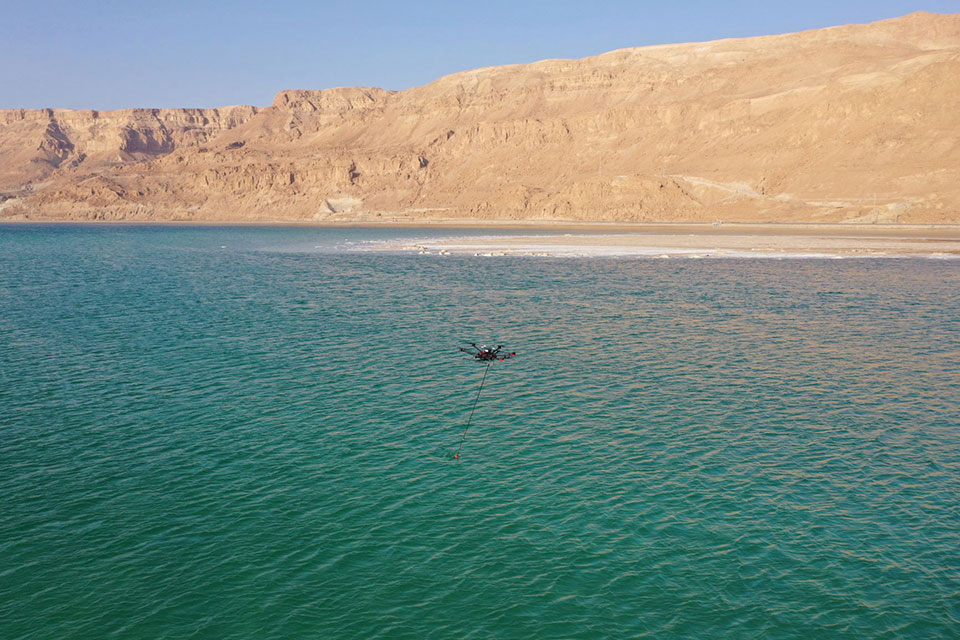 A drone equipped with an echo sounder surveys the Dead Sea. (Photo: SPH Engineering)