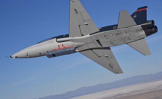 A PNT AgilePod attached to a T-38C successfully demonstrated remote interfacing and alt-PNT data transmission. as well as performance over land and water. (Photo: USAF/2nd Lt. Bowen Lin, 586th Flight Test Squadron)