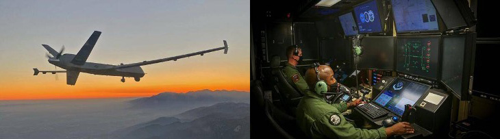 General Atomics Reaper UAV on patrol and remote pilots (Photo: California Air National Guard)