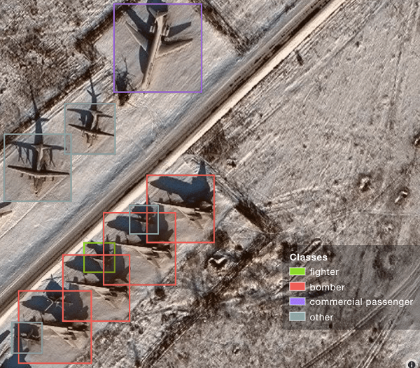 A sample image from Orbital Insights showing classes of military aircraft at a base. (Image: Orbital Insights)