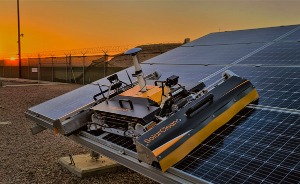 A SolarCleano F1A robot tackles a tough cleaning challenge on a solar farm in Saudi Arabia. Photo:: SolarCleano
