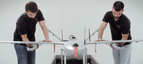 The AR3 maritime surveillance drone, usually launched horizontally, can be launched vertically with attachable propellers. (Photo Tekever)