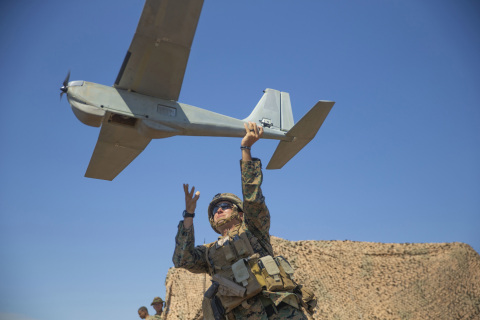 AeroVironment's Puma is hand-launched. (Photo: Lance Cpl. Frank Cordoba/U.S. Marine Corps)