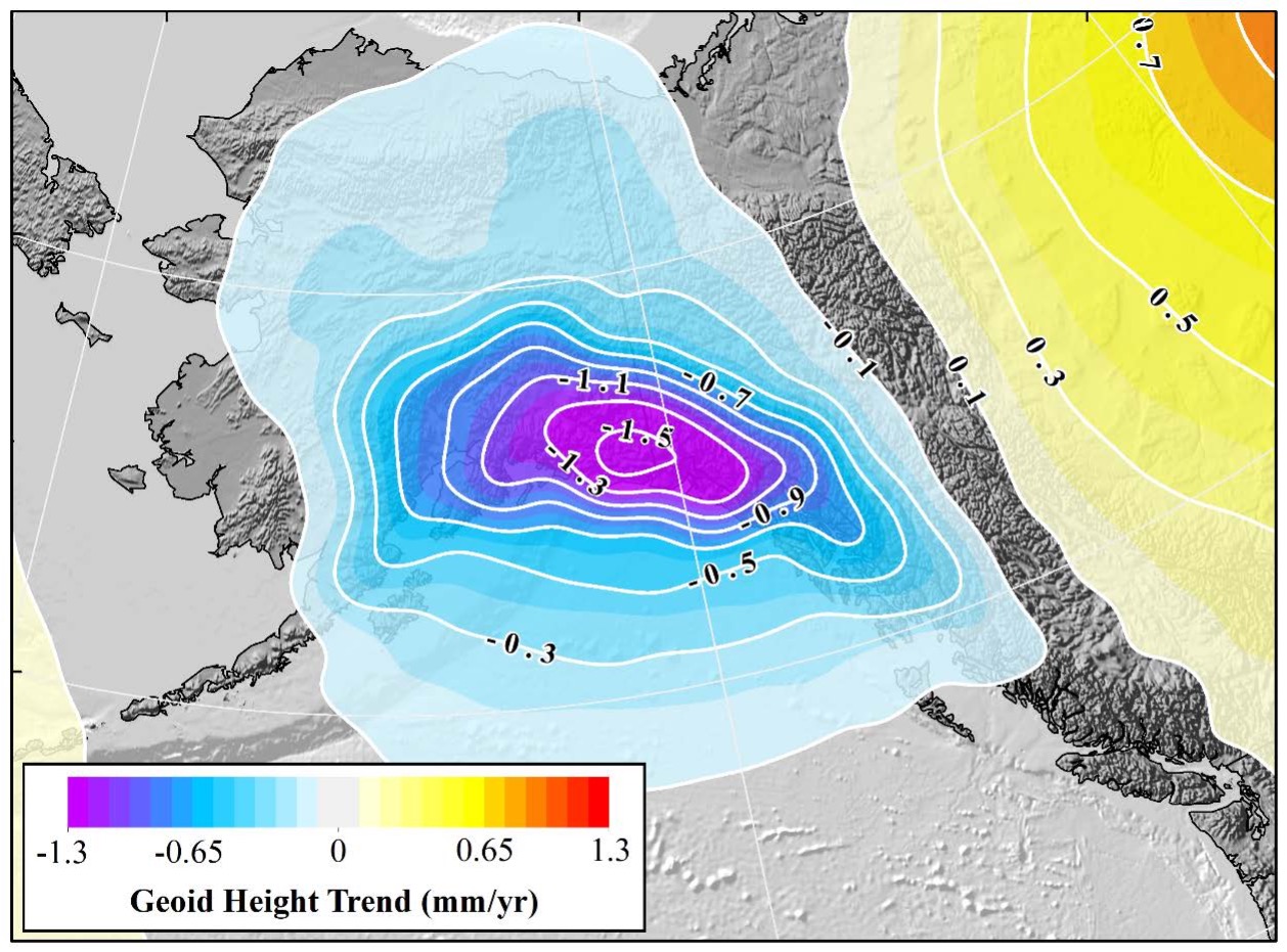 Figure 33: Geoid rate over Alaska from GSFC mascon model [mm/yr] (Image: NOAA)