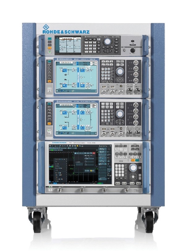FIGURE 2. A four-channel GNSS test system consisting of two R&S SMW200A vector signal generators and an R&S SMA100B analog signal generator for the LO signal (left). The vector network analyzer is used to calibrate the overall system at a user-selectable reference plane in terms of amplitude, phase and propagation time.