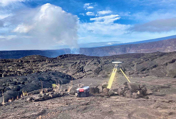 A temporary GNSS monitoring site in the Kīlauea caldera was part of the rapid response to the December 2020 Halema‘uma‘u eruption. The site will be upgraded into a continuously operating reference station with state-of-the-art instrumentation and a hardened antenna mast. (Photo: USGS/A.P Ellis)