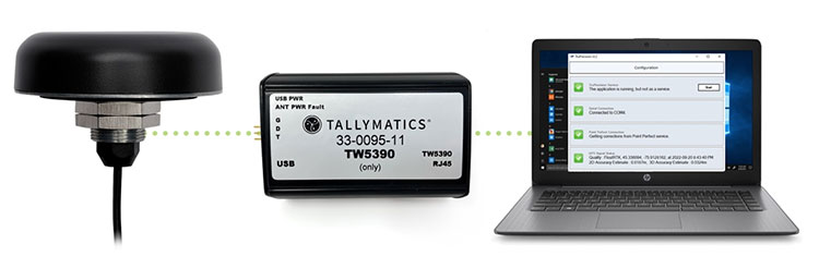 The TW5390 is a multi-band (L1/L2), multi-constellation integrated GNSS receiver/antenna with Inertial Measurment Unit (Untethered Dead Reckoning) and integrated L-Band corrections receiver for stand alone RTK for Precise Point Positioning. (Photo: Tallymatics)