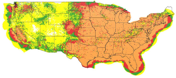 CONUS full-power UHF TV stations in view: yellow (1—3 stations), green (4—6), red (7—10), orange (11 or more). (Image: NAB)