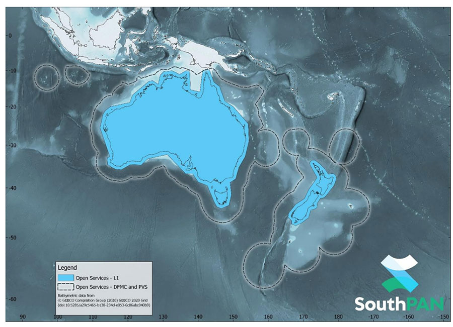 SouthPAN early Open Services coverage. OS-L1 covers mainland Australia and New Zealand. OS-DFMC and OS-PVS cover Exclusive Economic Zones in both countries. (Image: Geosciences Australia)