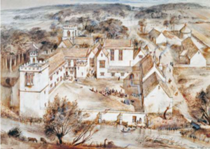 Reconstruction drawing of Minster Lovell Hall as it might have appeared in the 15th century, by artist Alan Sorrell. (Image: English Heritage)