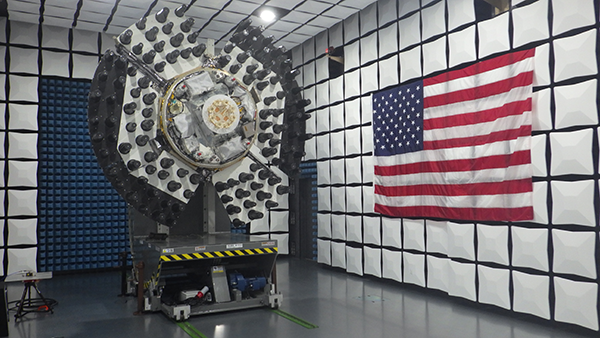 The NTS-3 spacecraft was placed in an anechoic test chamber for electromagnetic interference and electromagnetic compatibility testing in Palm Bay, Florida. (Photo: AFRL)