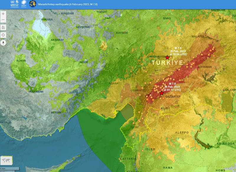 The impact of the earthquakes was significant and ranks in the red for economic losses and orange for fatalities, according to the U.S. Geological Survey (USGS). (Image: UNOSAT)