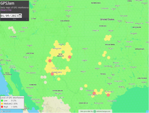 Low navigation accuracy reports displayed at GPSJam.org. in New Mexico reports were due to GPS interference from military testing. In Texas and Oklahoma, military aerobatics training likely caused reports of low navigation accuracy. (Image: GPSJam.org)