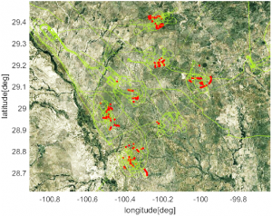 ADS-B tracks of training aircraft performing aerobatics. Red indicates low NIC value reported. (Image: Stanford University)