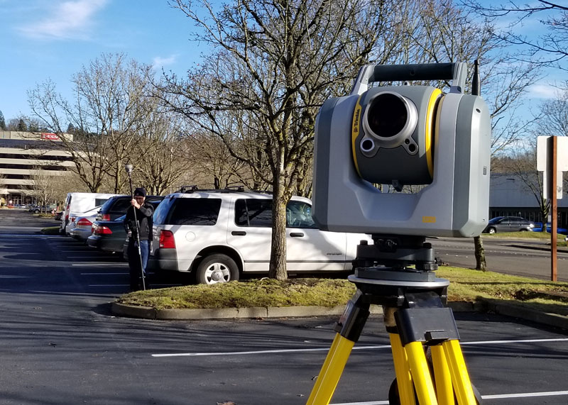 A unique workflow enabled by scanning robotic total stations is the simultaneous operation, with the same data controller and software, of a GNSS rover while scanning and imaging are being performed. Pictured: a Trimble SX12 and R12i GNSS. (Image: Gavin Schrock)