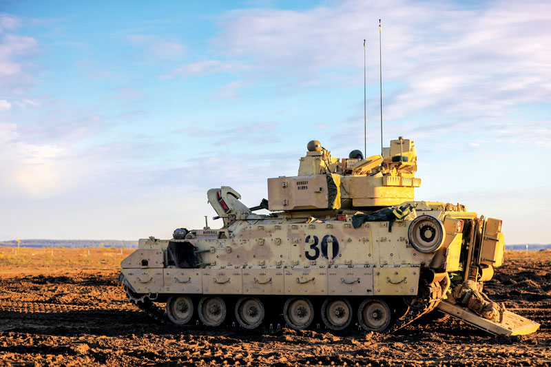 U.S. Army m2A3 Bradley Fighting Vehicle prepares for a platoon live-fire exercise at Pabradė Training Area, Lithuania, Oct. 13, 2022. It has a GAJT anti-jamming antenna. (Image: U.S. Army National Guard photo by Sgt. Lianne M. Hirano)