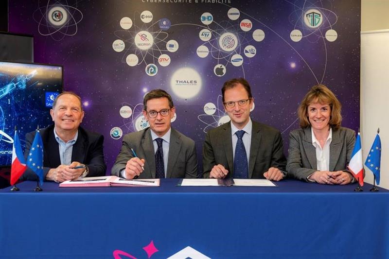 From left to right: Sylvain Loddo, director of the Galileo ground segment program at ESA, Ennio Guarino, head of the EGNOS and Galileo programs at ESA, Lionel Salmon, director of cybersecurity for information systems at Thales, and Alexandra Porez, director of cybersecurity for satellite systems at Thales. (Image: Thales)