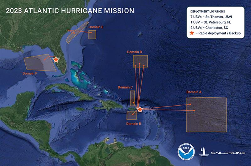 Graphic showing the USV domain areas during the 2023 Atlantic Hurricane mission. (Image: SailDrone)