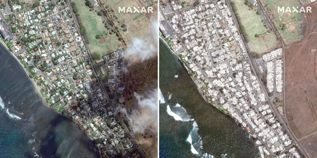 Satellite images taken on June 25 and August 9 show an overview of southern Lahaina, Hawaii, before and after the recent wildfires. (Image: Maxar Technologies)