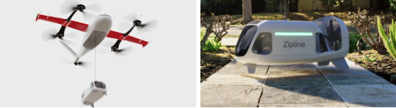 Platform 2 ‘droid’ containing a package is lowered on a tether from a hovering carrier drone. (Image: Zipline)