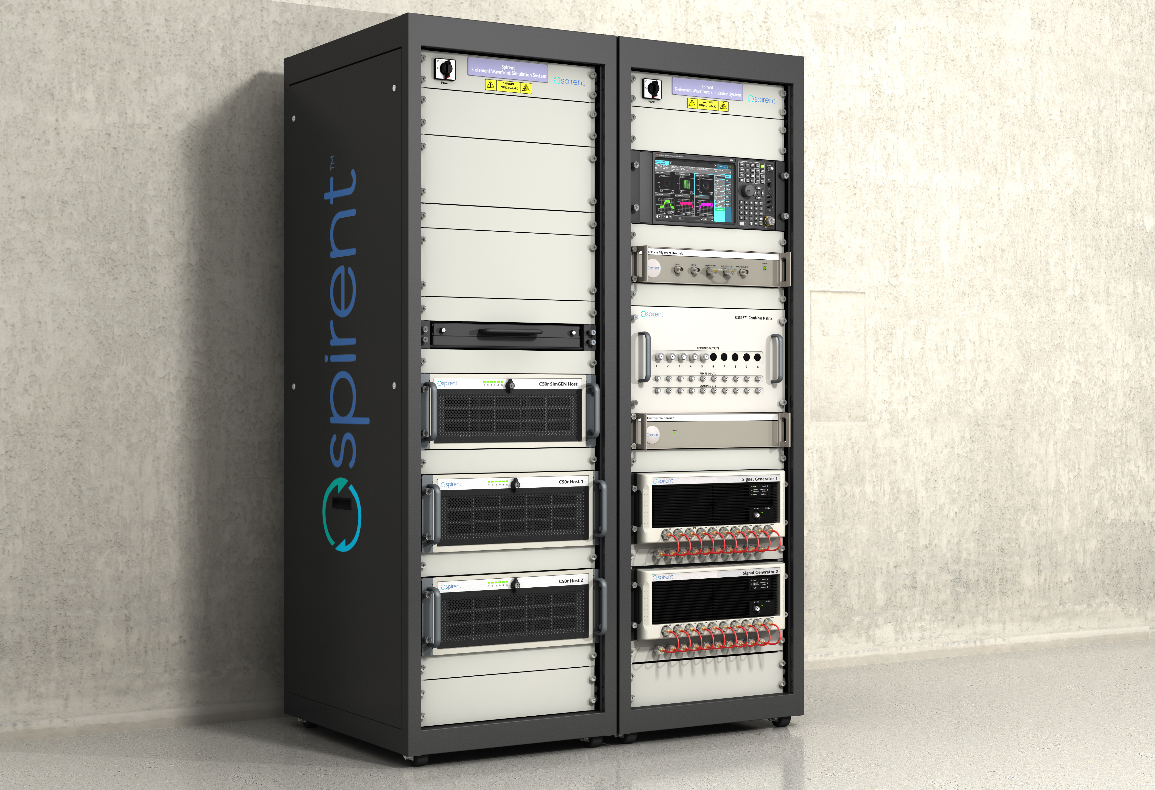 Spirent’s integrated, software-defined wavefront simulation system for a 5-element controlled reception pattern antenna (CRPA). Spirent solutions support 16+ antenna elements. (Image: Spirent)
