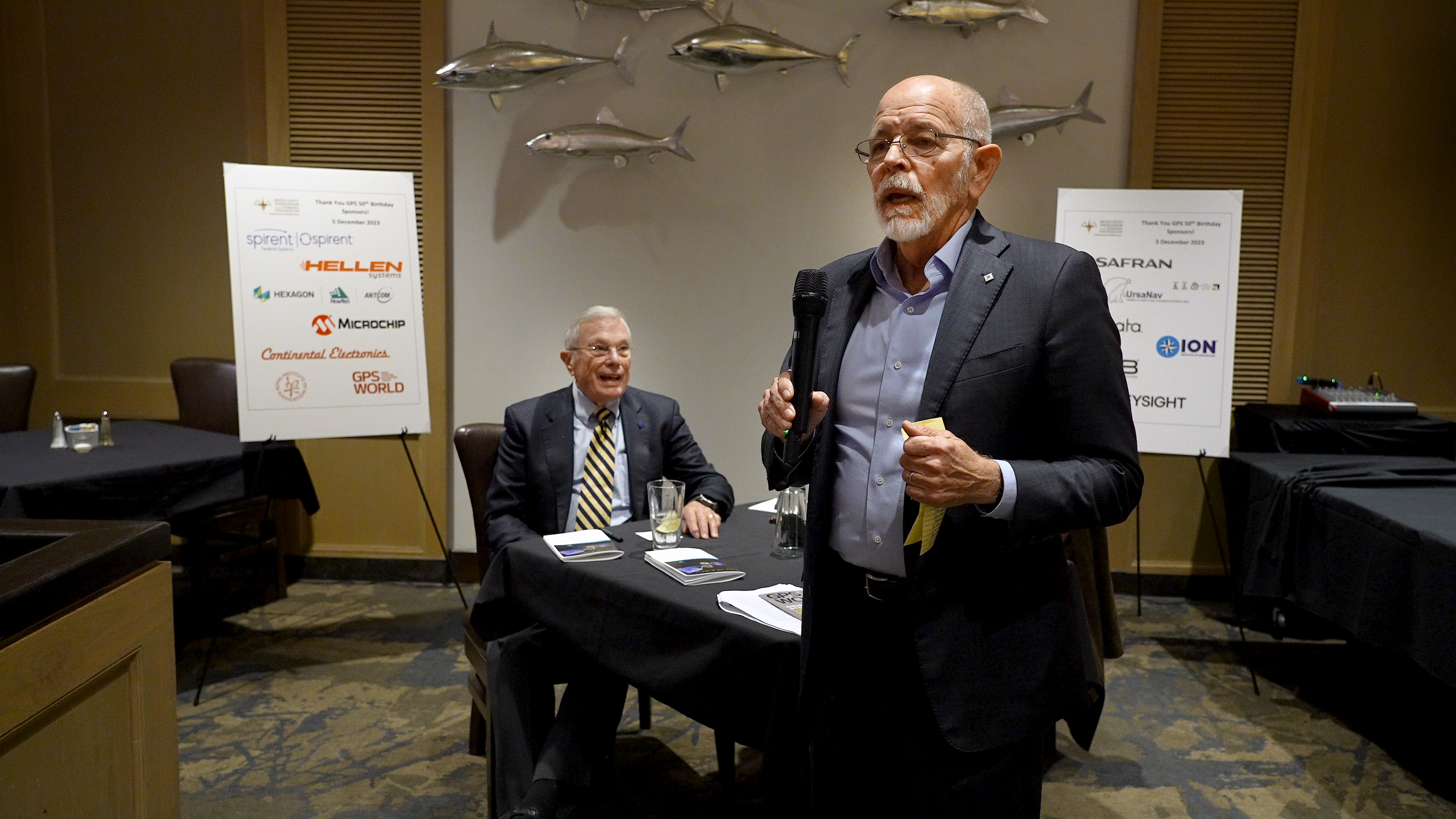 PhotDana Goward, President of the Resilient Navigation and Timing Foundation, introducing Brad Parkinson and Matteo Luccio, GPS World EIC. (Image: GPS World staff)