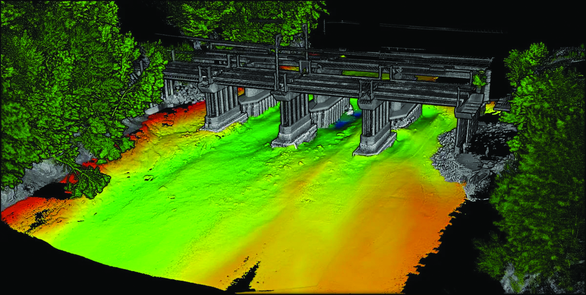 An example of the highly detailed single-3D survey output from the Axolotl, showing features both above and below the water. (Image: Advanced Navigation)